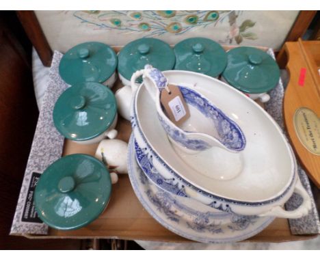 6 green wheat lidded bowls and blue and white ware incl. a Copeland Spode Italian patterned plate etc.