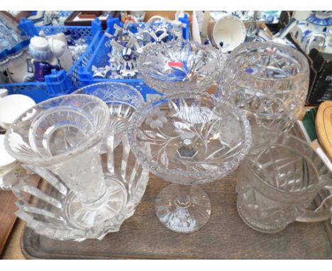 Tray of moulded and cut glass incl. fruit bowls, water jugs, vases, pair of etched glass mantelpiece displays each on raised 