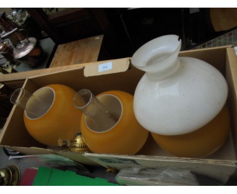 Paraffin lamp accessories incl. 3 light brown lamp shades, 2 flues etc.