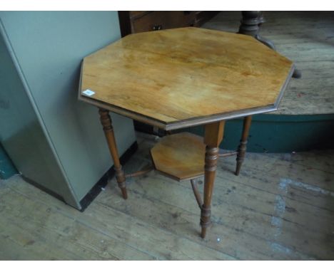 Mahogany topped occasional table on 4 turned tapering legs united by turned stretchers fitted to a matching octagonal shelf