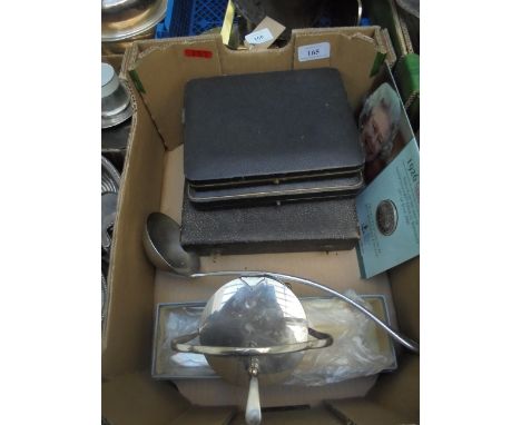 3 boxed sets of plated cutlery, ladle, glass sugar basin etc.