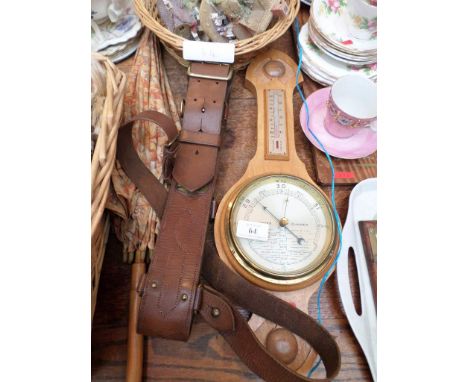 Small wicker basket containing 3 Lilliput Lane cottage ornaments, barometer and thermometer dial, ladies parasol and a brown 
