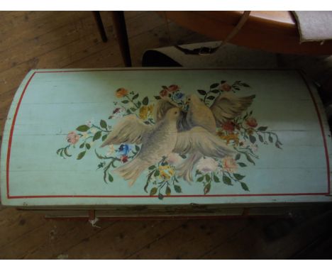Early dome topped travelling trunk with iron furniture, the cambridge blue painted exterior inset panels of doves, bowl of mi