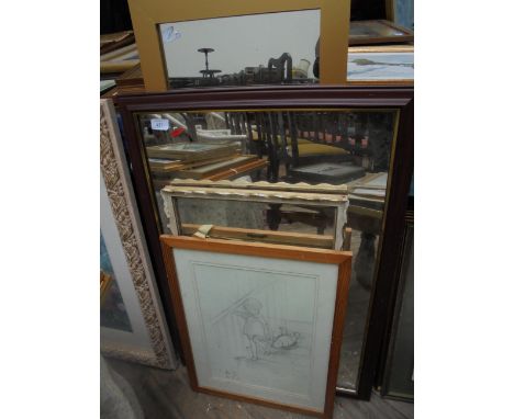 3 framed mirrors, pine framed sketch of a young girl with teddy bear entitled 'Bump, Bump, Bump', the first sketch of Winnie 