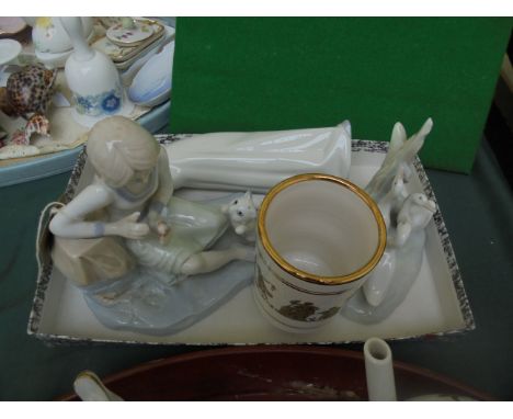 Nao figure of 3 Geese, 24 carat gold white porcelain ground pot decorated classical figures, ornament of girl seated with cat
