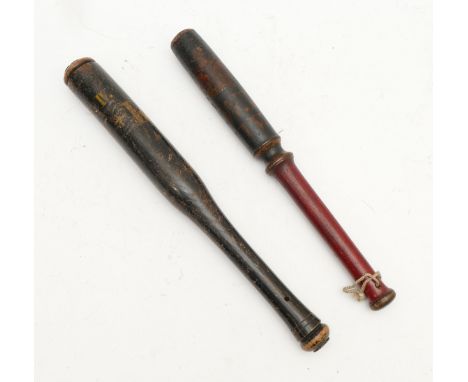 A William IV painted wood truncheon, IV over WR, 42cm and another crown over W.R. over IV, red grip, 39cm (2)