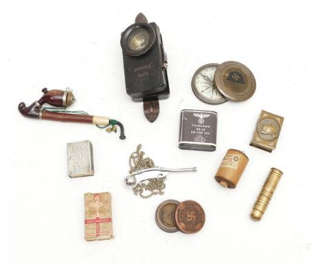 A collection of mixed collectables to include a Bowman whistle, Third Reich snuff box and more.