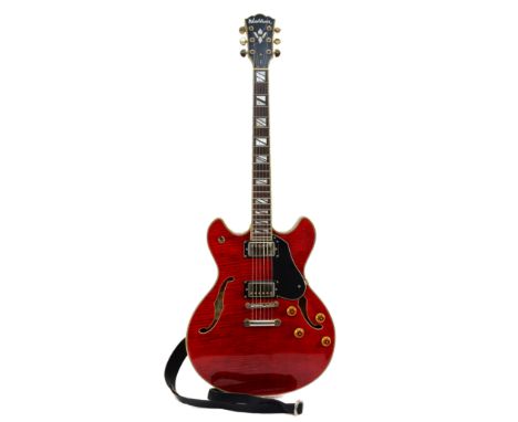 Washburn HB35/WR hollow body electric guitar, serial number S1061200007, Finished in sunburst red, having rosewood fretboard 