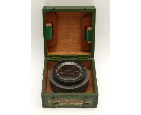 WWII Type P8 flight compass, used in British aircraft such as the Spitfire, Hurricane and Mosquito, black painted metal case 