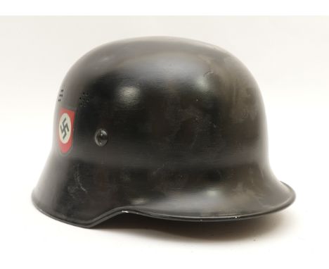 WITHDRAWN: WWII later reproduction German M42 helmet, double decal of the SS as well as the Third Reich banner, stamped DIN 1