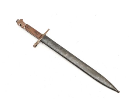 A bayonet with wood handle, the guard stamped BH 4358, fullered 12" blade, metal scabbardThis bladed product is not for sale 