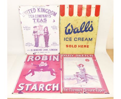 Four aluminum advertising signs, to include, an original Walls Ice Cream swinging board sign, 62cm x 45, and three later exam