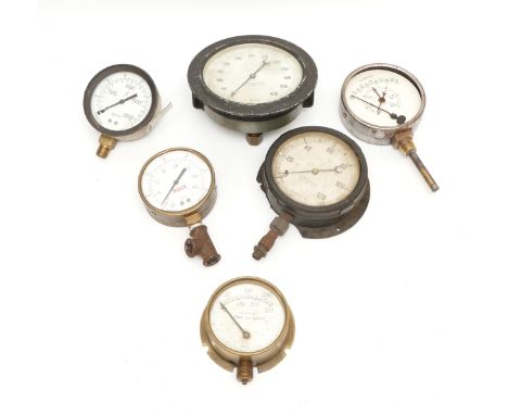 Six steam engine pressure gauges, to include a Tomey, Birmingham, Fahrenheit and Altitude gauge and two Budenberg examples. (