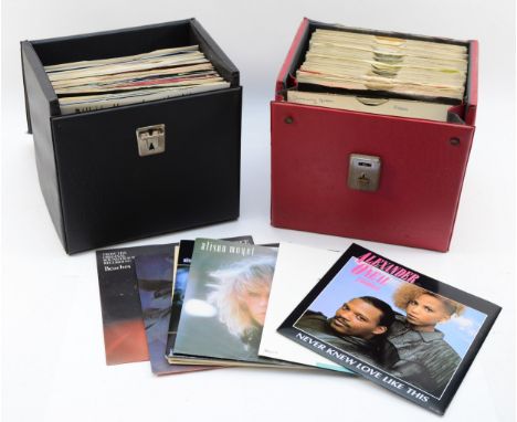 A collection of approximately 100 vinyl single records, primarily pop from the 70's and 80's, to include some artists such as