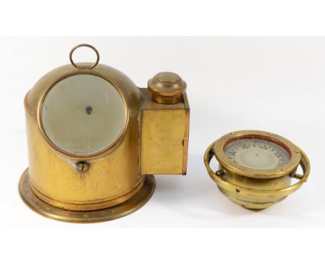 A sestrel ships brass binnacle/gimbal compass, complete with side oil fed burner, 19cm tall.