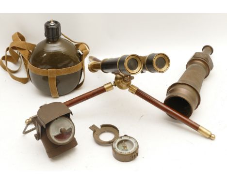 British Army WWII Home Front electric bicycle lamp No.1, a Stanley, London partial compass, a brass fire hose nozzle, NCB 1/2
