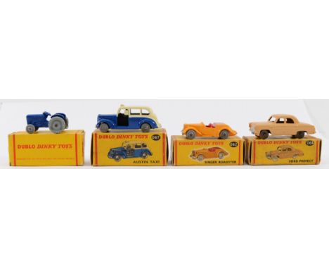 Dublo Dinky Toys; A 061 Ford Prefect, a 062 Singer Roadster, a 067 Austin Taxi, and a 069 Massey Harris Ferguson Tractor, in 