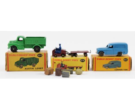 Dublo Dinky Toys; A 064 Austin Lorry, a 076 Lansing Bagnall Tractor and Trailer, and a 063 Commer Van, in original boxes, tog