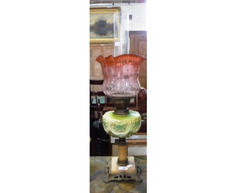 A VICTORIAN VASELINE GLASS AND ALABASTER OIL LAMP with an acid etched glass shade