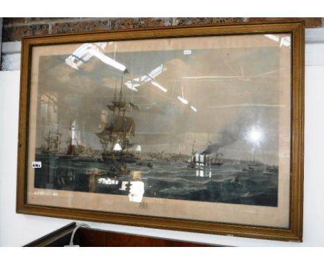A LARGE 19TH CENTURY COLOURED PRINT OF LIVERPOOL, depicting sailing craft and steam ships, by Jas Carter 
