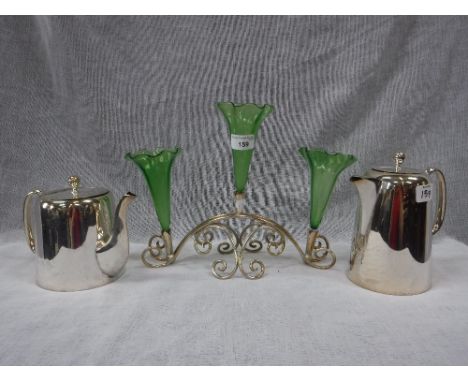 A THREE TRUMPET EPERGNE and two plated jugs