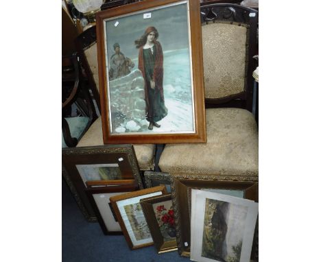 A VICTORIAN PRINT OF A GIRL IN SNOW, in an original maple frame and similar pictures