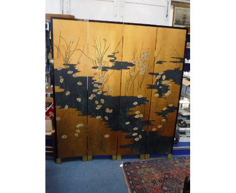 A FOUR-FOLD ORIENTAL SCREEN decorated with a river scene and flowers, each panel 72" high x 16" wide