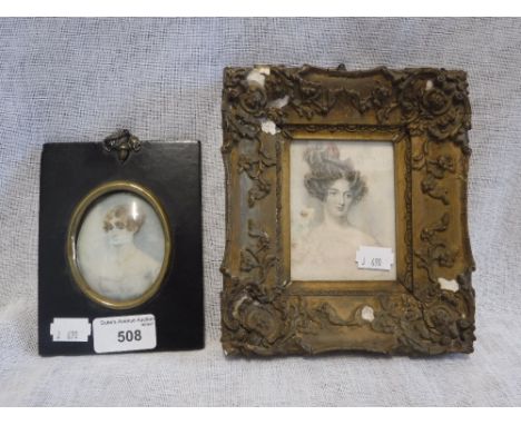 A LATE 19TH CENTURY MINIATURE PORTRAIT OF A YOUNG WOMAN and a 19th century print of a woman in a gilt frame (2)