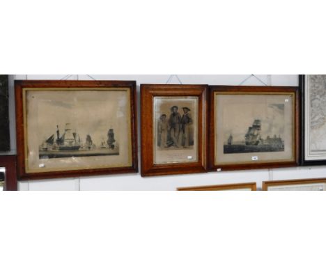 A PAIR OF 19TH CENTURY PRINTS OF SAILING SHIPS, in maple frames and a similar print of sailors, within a period oak frame (3)