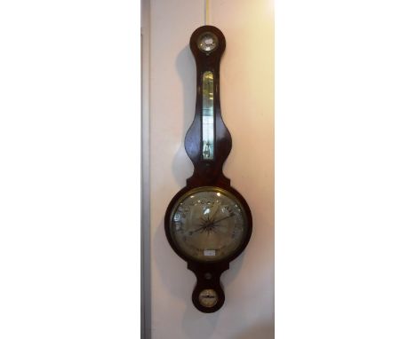A 19TH CENTURY FIGURED MAHOGANY WHEEL BAROMETER inscribed 'Lanetti & Agnew Manchester' 40" high