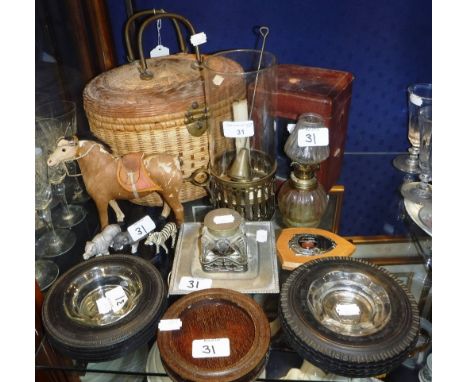 AN EARLY 20TH CENTURY INKWELL in a silver plated stand, a carriage clock outer case and sundries