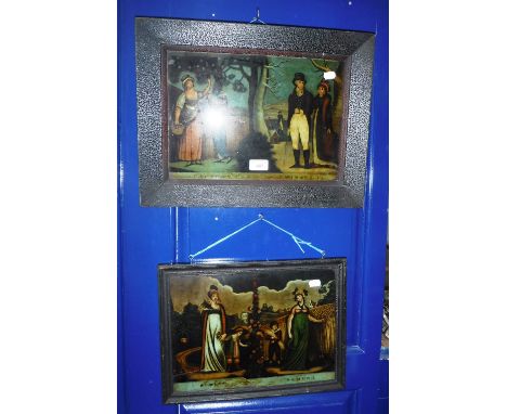 A LATE 18TH/EARLY 19TH CENTURY GLASS PRINT, 'Autumn and Winter' depicting four figures in period dress, in its original frame