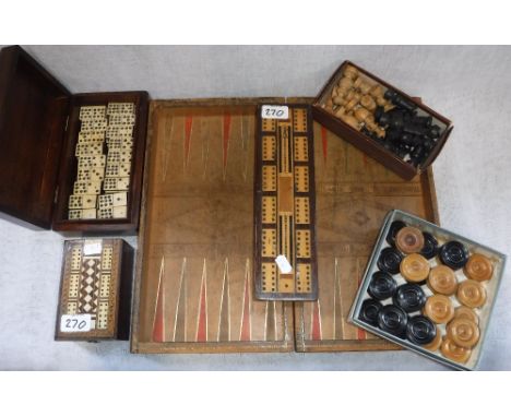 TWO VINTAGE CRIBBAGE BOARDS, a set of 'Double Nine' Dominoes and folding chessboard