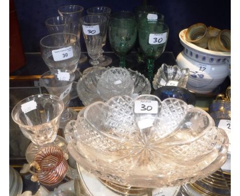 FIVE 19TH CENTURY GREEN WINE GLASSES, with vine and grape decoration and a collection of similar glassware 