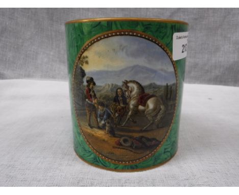 A LARGE PRATTWARE MUG decorated with a horse and figures against a malachite type ground