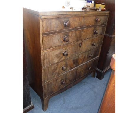 A 19TH CENTURY MAHOGANY SECRETAIRE CHEST OF DRAWERS, with fitted interior and knob handles on bracket feet, 44.5" high x 41.5