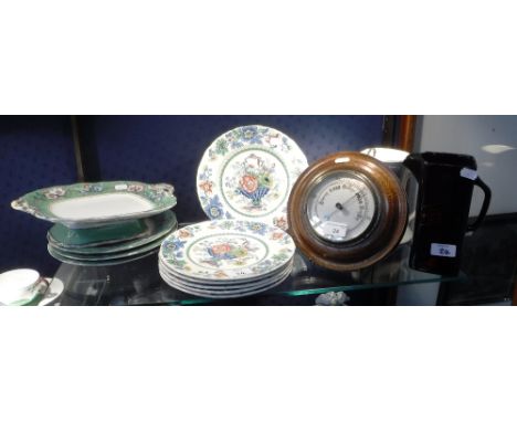 AN OAK BAROMETER, a Johnnie Walker jug, another similar, a collection of Mason's Ironstone plates and a part 19th century des