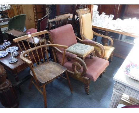 A STICK-BACK ARMCHAIR, two 19th century armchairs and a footstool