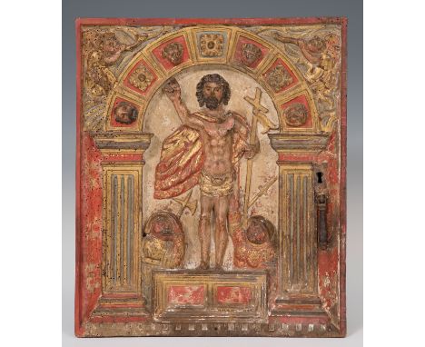 Door for tabernacle. Spanish School, 16th century.Resurrection of Christ.Carved and polychrome wood.Measurements: 42 x 36 cm.