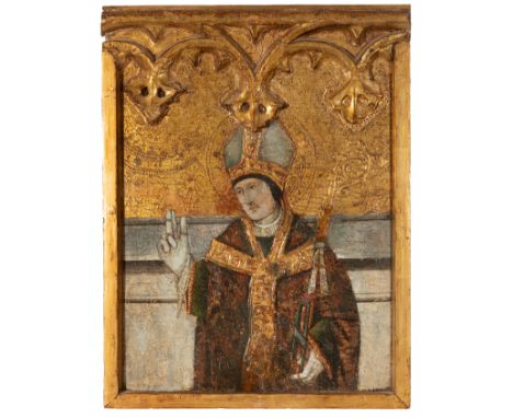 Gothic panel. Crown of Aragon, 15th century."Saint Dunstan".In gilded and polychrome wood.It has a label on the back with the