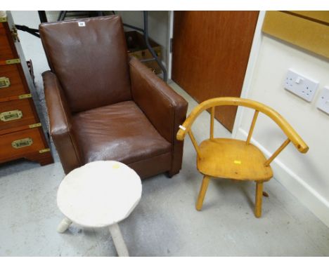 A vintage leatherette child's armchair, three legged stool, another wooden child's chair