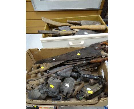 Parcel of vintage woodwork tools, saws, blow lamps etc
