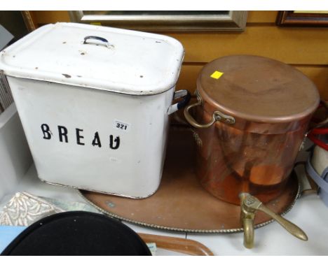 Large twin-handled copper tray, copper hot water boiler, enamel bread bin