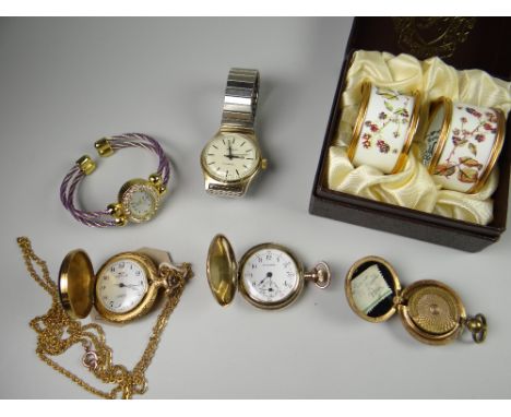 Pair of boxed enamel Royal Worcester napkin rings, brass sovereign case, fob watches etc