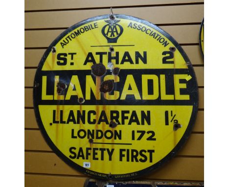 A vintage circular enamel metal AA Llancadle destination sign by Franco Signs, London