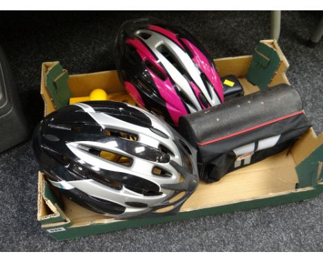 Two cycle safety helmets, camera & dictaphone together with a floor mounted hasp