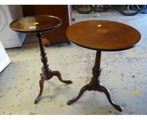 Mahogany inlaid tripod table together with another