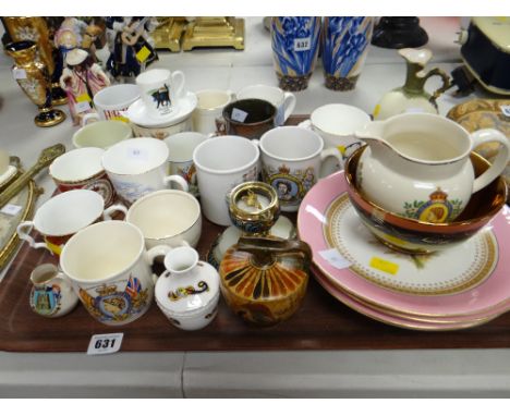 A tray of various mainly Royal commemorative mugs, two Royal Worcester dessert plates & a tazza, lustre bowl etc