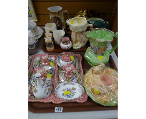 Two trays of mixed china, Poole preserve pot, Sylvac bunny jug together with a Maling dressing table set & peony rose jug etc
