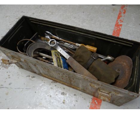 WWII metal shell case containing a quantity of vintage tools